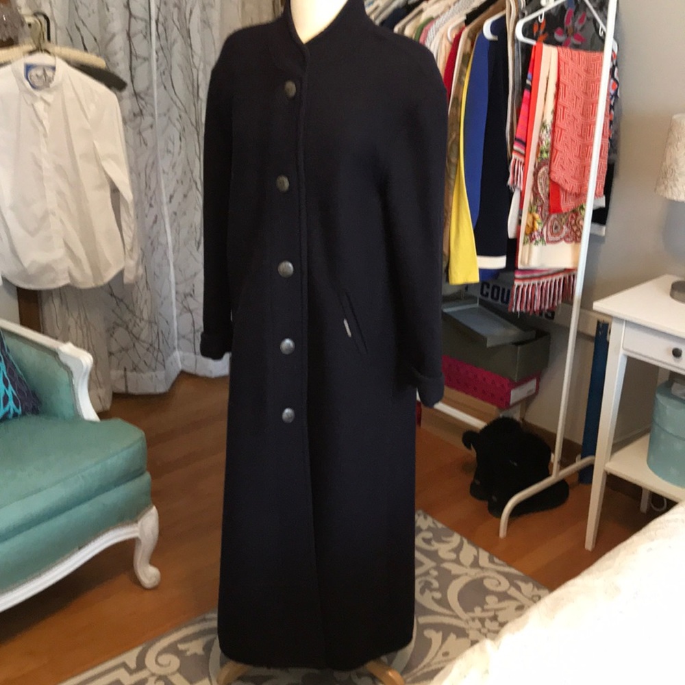 Full length navy blue Geiger wool coat.